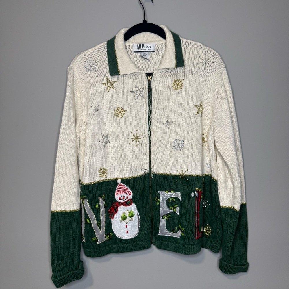 All Points Christmas Snowman Noel Zip Up Cardigan Sweater Green Cream Large